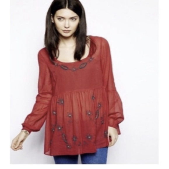 RARE FreePeople Beaded Scoop Neck Tunic Cranberry Red S - Picture 1 of 14